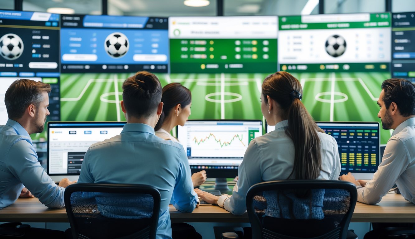 Orang-orang menggunakan komputer dan ponsel untuk memasang taruhan langsung pada pertandingan sepak bola secara online.