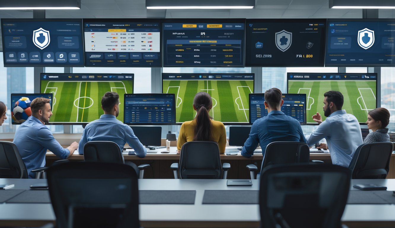 Orang-orang sedang menggunakan komputer dengan layar menampilkan pertandingan sepak bola dan taruhan langsung dalam suasana kantor yang modern dan aman.