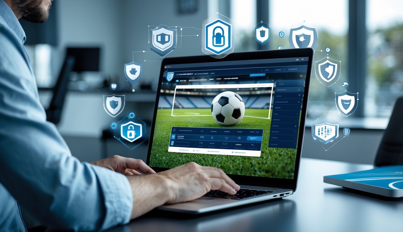 Seseorang menggunakan laptop di kantor dengan ikon keamanan digital dan elemen sepak bola di latar belakang.