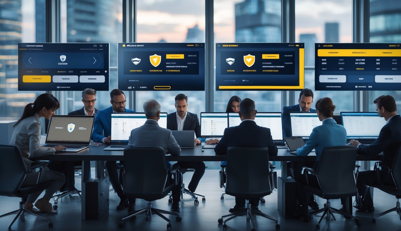Beberapa orang menggunakan laptop dan ponsel di ruang kantor modern dengan layar besar menampilkan statistik pertandingan sepak bola dan simbol keamanan.