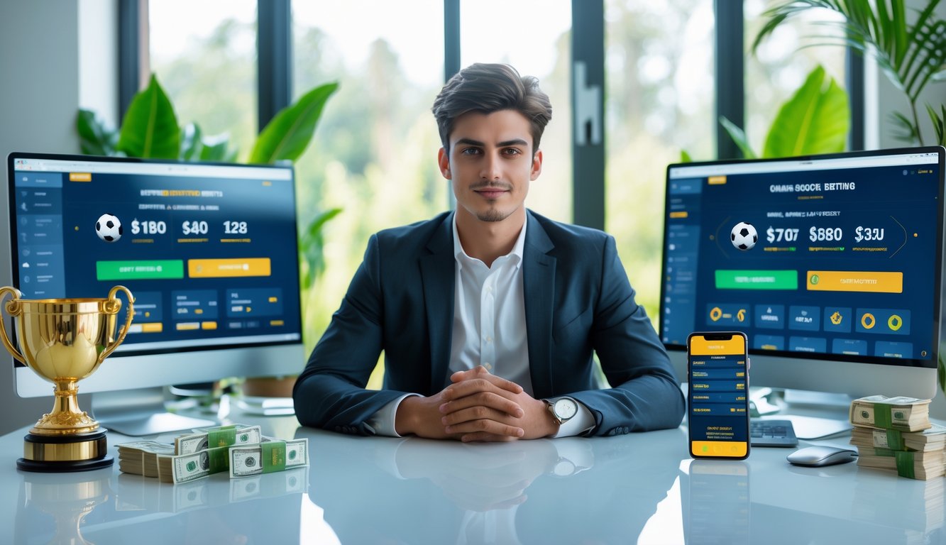 Seorang pria muda duduk di meja dengan beberapa layar komputer yang menampilkan situs taruhan bola online dan statistik, di ruang kerja modern yang terang.