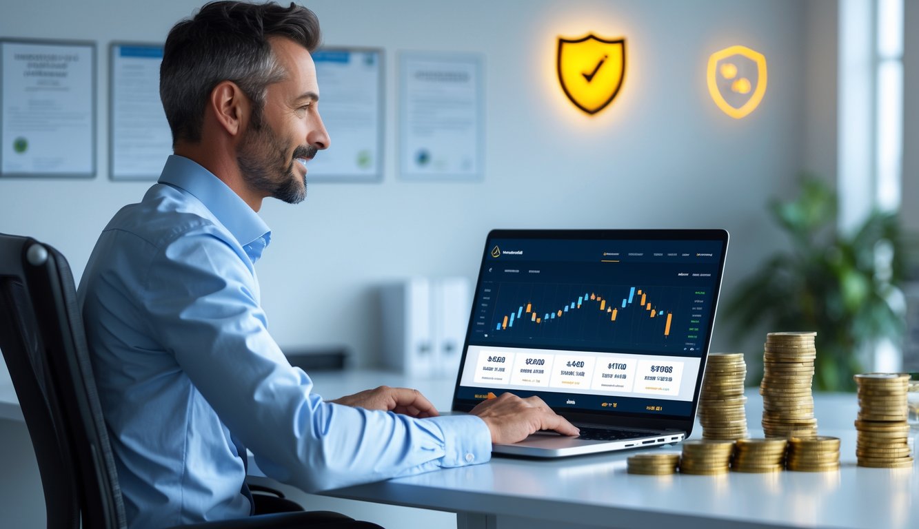 Seorang pria duduk di meja kantor modern menggunakan laptop dengan tampilan situs taruhan olahraga online yang menunjukkan simbol bonus cashback dan elemen yang melambangkan kepercayaan.