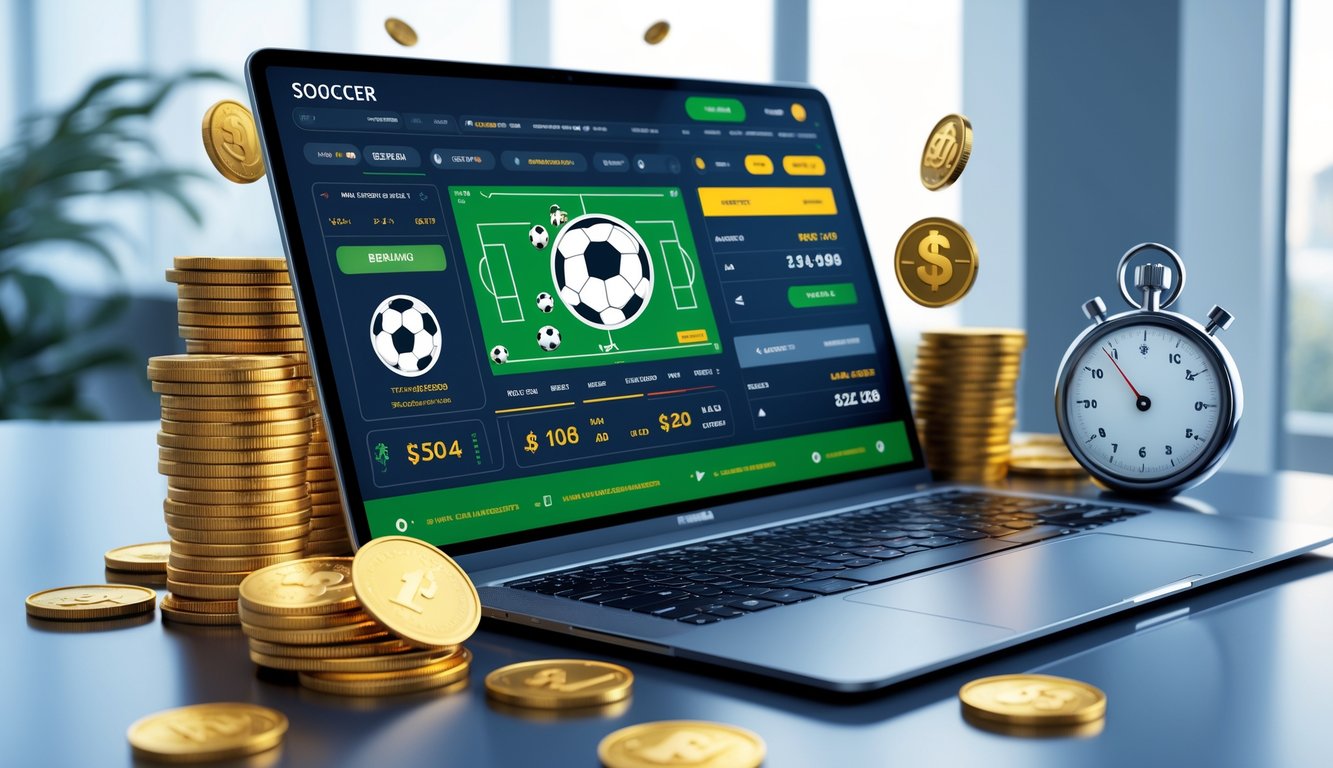 Layar perangkat modern menampilkan antarmuka taruhan sepak bola online dengan simbol bonus dan kecepatan penarikan.