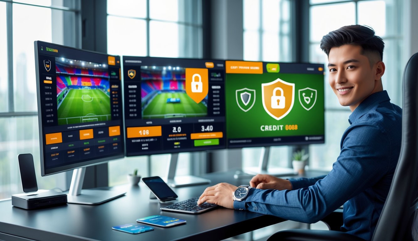 Seorang pria muda duduk di depan beberapa monitor komputer yang menampilkan grafik pertandingan sepak bola dan ikon keamanan, dengan ponsel dan kartu kredit di meja, menunjukkan suasana taruhan bola online yang aman dan terpercaya.