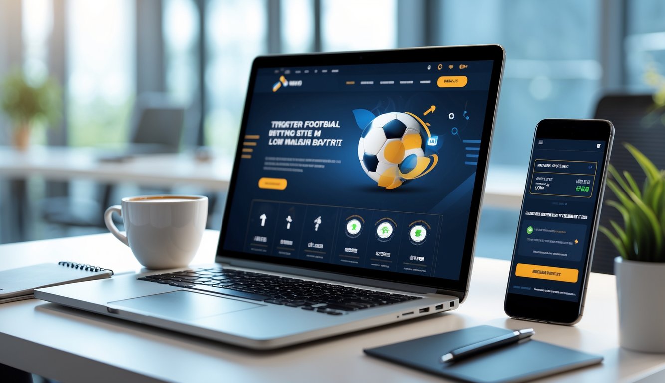 Meja kerja modern dengan laptop yang menampilkan situs judi bola online, smartphone dengan konfirmasi deposit, dan suasana kantor yang terang.