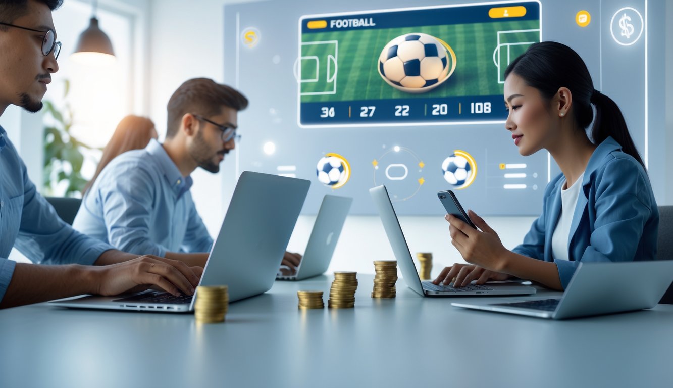 Beberapa orang menggunakan laptop dan ponsel di ruang kerja modern dengan tampilan grafik pertandingan sepak bola di layar.