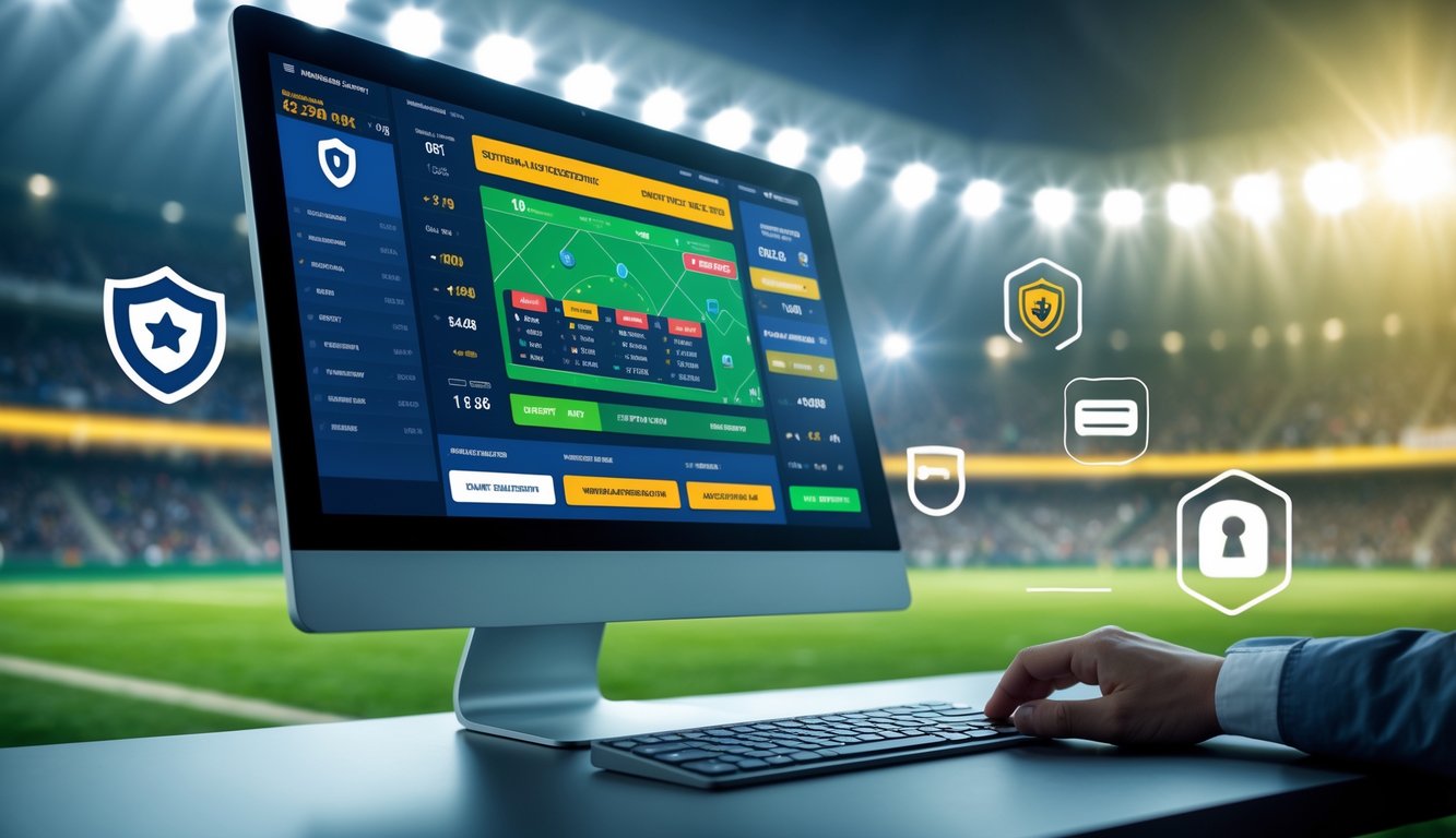 Sebuah ruang kerja modern dengan komputer yang menampilkan antarmuka taruhan olahraga online dan latar belakang stadion sepak bola yang ramai.