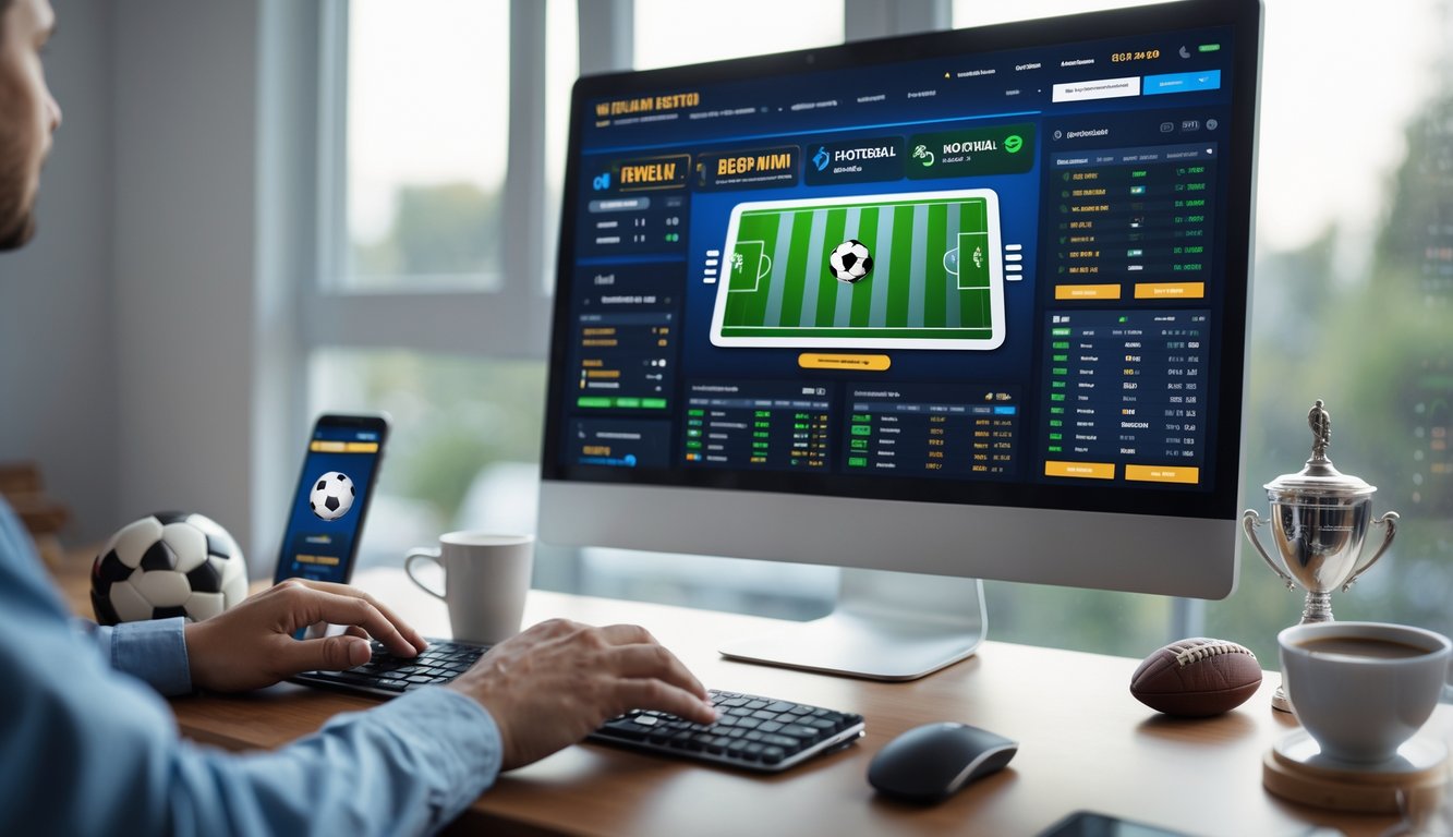 Seorang pengguna sedang menggunakan komputer dengan tampilan situs judi bola online resmi yang menampilkan opsi taruhan dan grafik, di meja kerja dengan ponsel, kopi, dan memorabilia sepak bola.