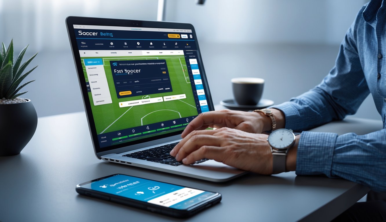 Seseorang menggunakan laptop di meja kerja modern dengan tampilan antarmuka taruhan sepak bola online dan ponsel yang menunjukkan konfirmasi pembayaran cepat.