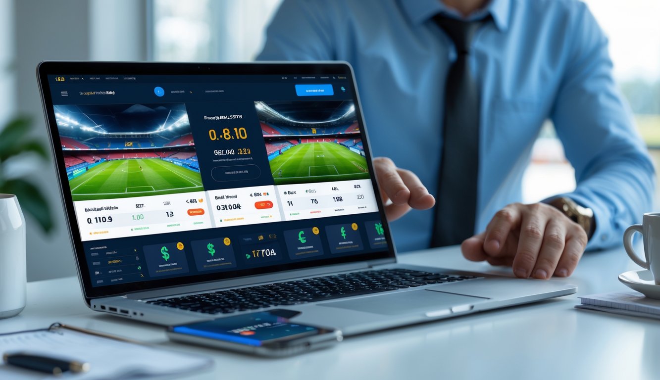 Seseorang menggunakan laptop dan ponsel untuk memasang taruhan bola online dengan tampilan antarmuka taruhan dan pembayaran cepat.