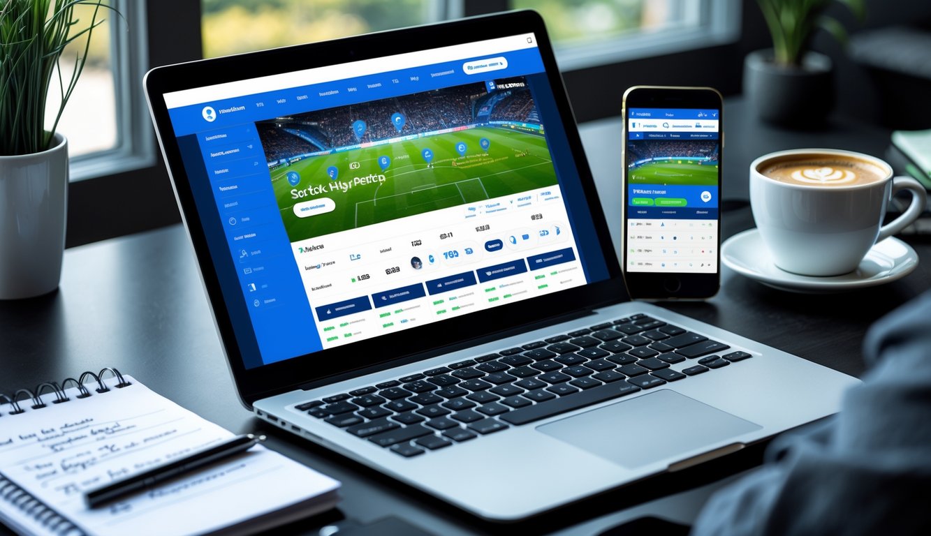 Seorang pengguna duduk di depan laptop dan smartphone yang menampilkan situs dan aplikasi taruhan bola online dengan suasana kerja yang rapi dan nyaman.