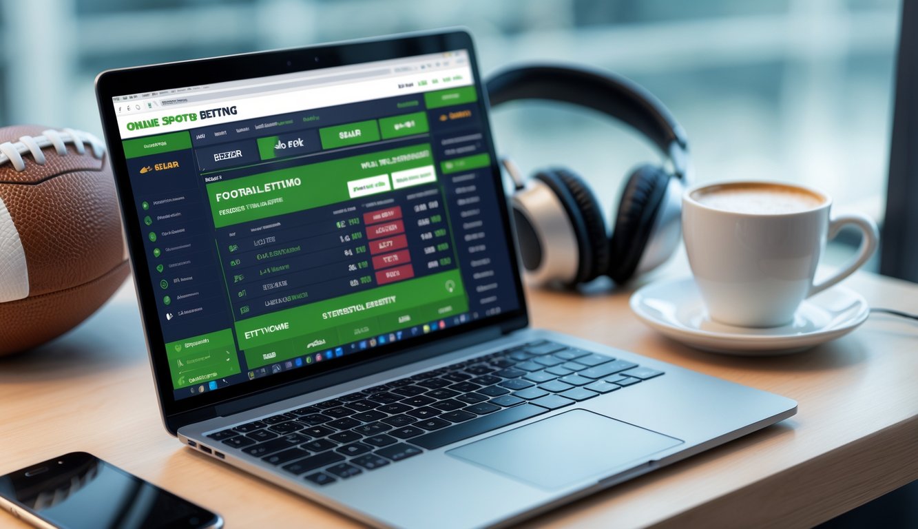 Meja kerja dengan laptop dan ponsel yang menampilkan situs taruhan bola online, dengan bola sepak dan cangkir kopi di sekitarnya.