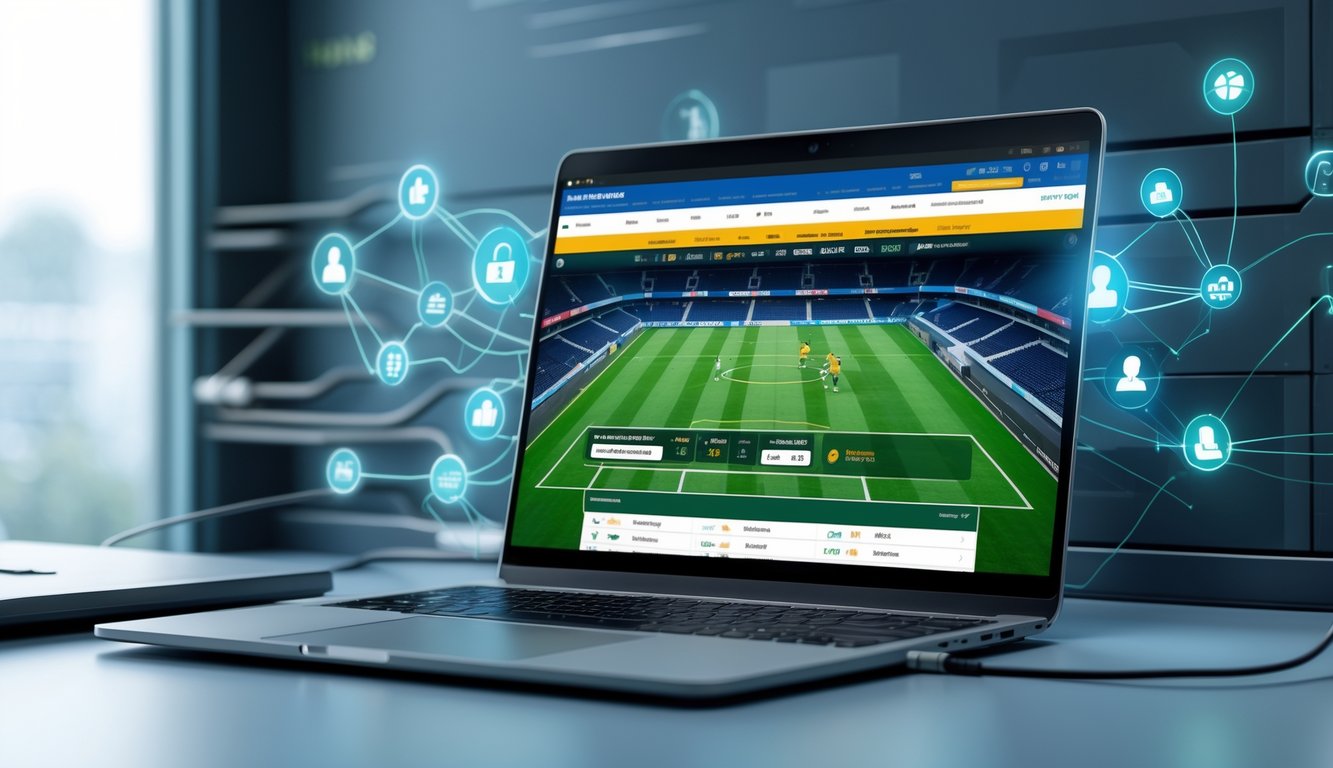 Seorang pengguna laptop melihat situs judi bola online dengan ikon tautan alternatif dan elemen jaringan digital di sekitarnya.