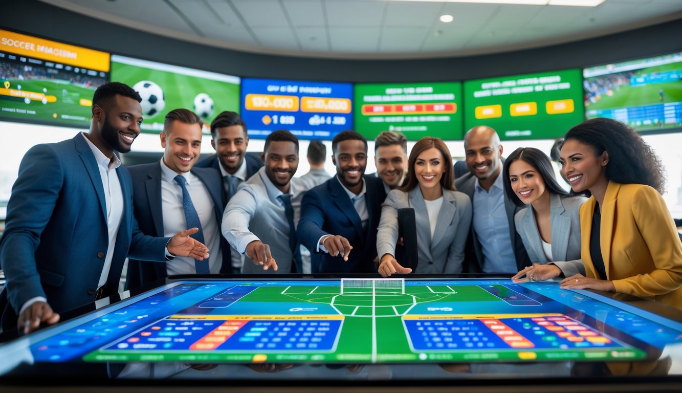 Sekelompok orang sedang menggunakan meja digital dengan tampilan statistik pertandingan sepak bola dan peluang taruhan dalam ruangan modern yang terang.