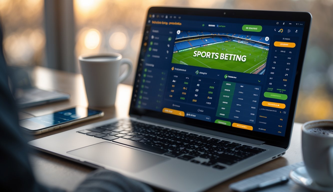 Seorang pengguna sedang melihat layar komputer dengan tampilan situs judi bola online, dikelilingi oleh ponsel, kopi, dan alat tulis di meja.