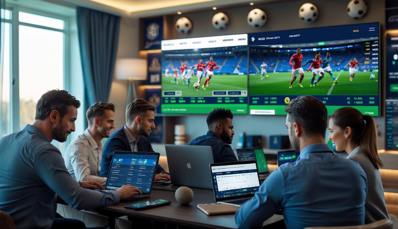 Orang-orang menggunakan laptop dan ponsel untuk memasang taruhan langsung pada pertandingan sepak bola di lingkungan yang nyaman dan aman.