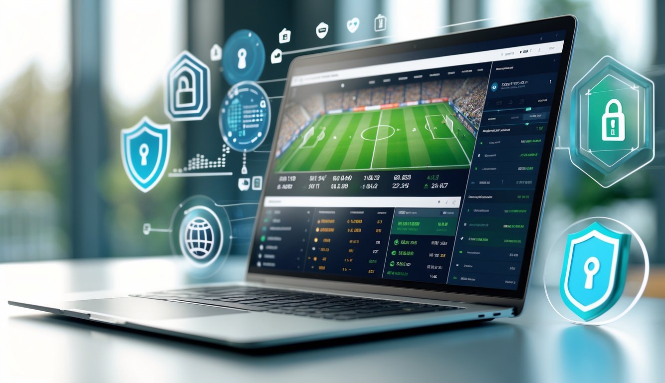 Seorang pengguna melihat layar komputer yang menampilkan pertandingan sepak bola langsung dengan informasi taruhan, dikelilingi simbol keamanan dan grafik data.