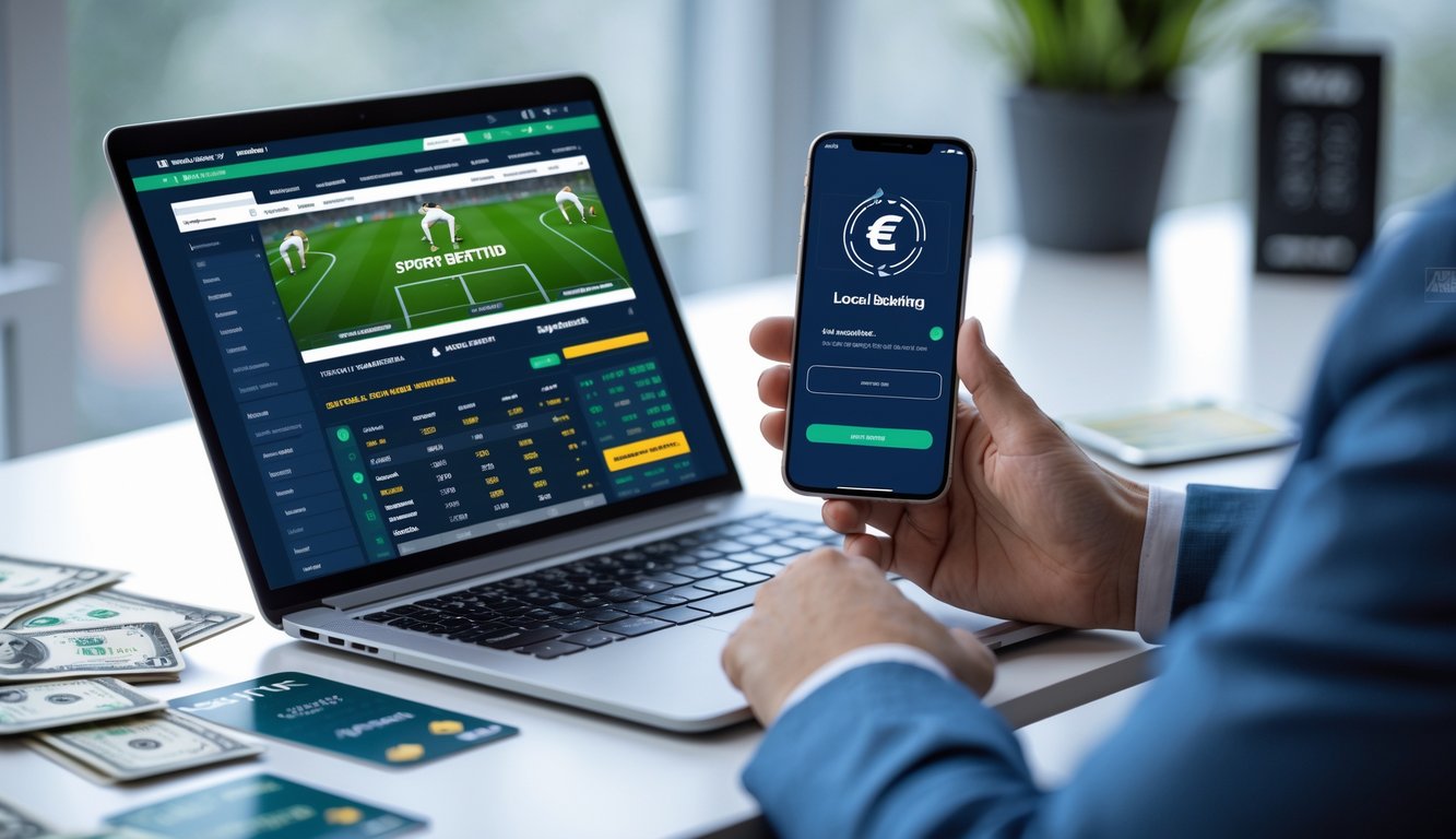 Seorang pengguna mengakses situs judi bola online terpercaya di laptop dan smartphone dengan tampilan transaksi e-wallet dan elemen bank lokal di meja kerja.
