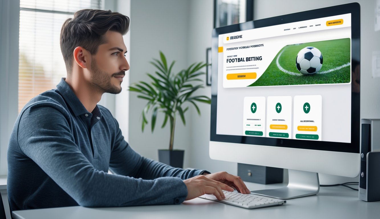 Seorang pria muda duduk di depan komputer di ruang kerja rumah, melihat layar dengan tampilan situs judi bola online yang aman dan mendukung pembayaran e-wallet serta bank lokal.