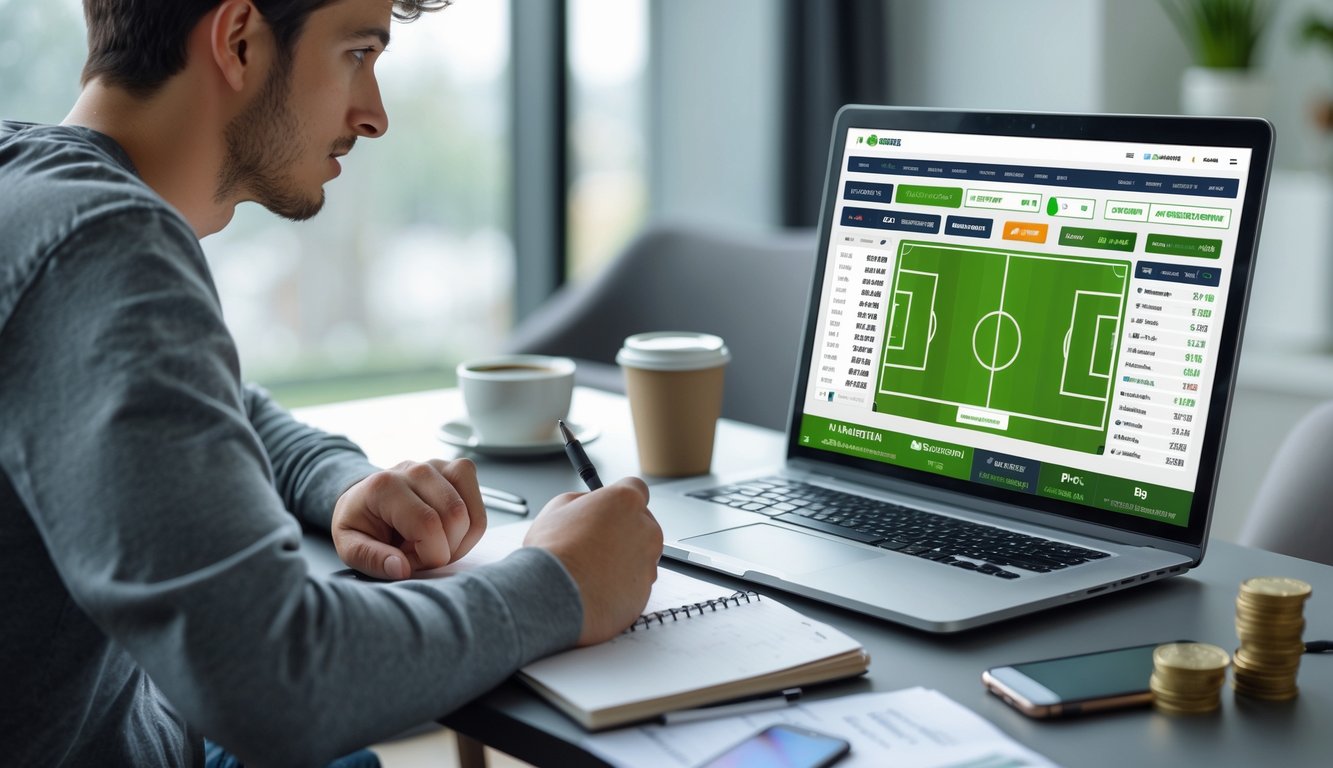Seorang pemula sedang duduk di depan laptop mempelajari cara menang judi bola online dengan modal kecil.