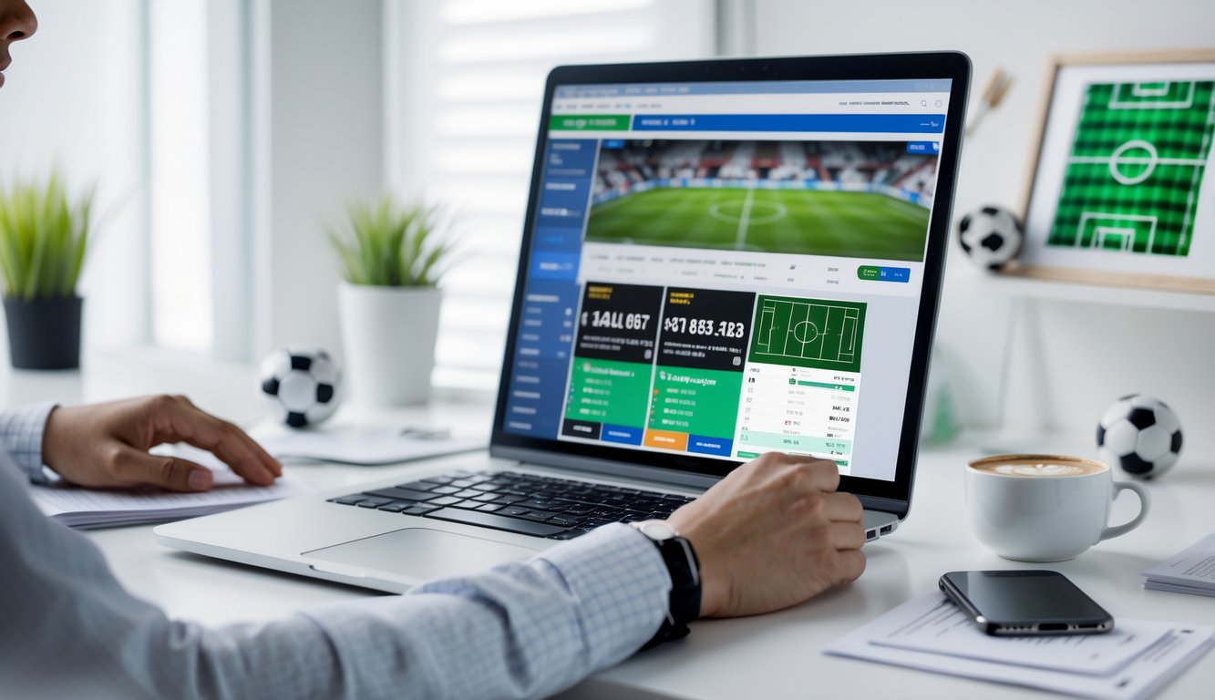 Seorang dewasa muda duduk di meja dengan laptop terbuka yang menampilkan situs taruhan bola online, dikelilingi oleh catatan dan ponsel, di ruang kerja yang terang dan rapi dengan elemen sepak bola kecil.