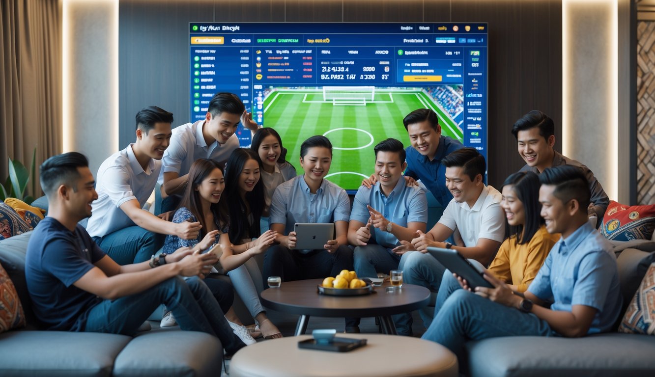 Sekelompok orang muda sedang melihat layar digital besar yang menampilkan statistik dan skor pertandingan sepak bola, berinteraksi dengan perangkat elektronik di ruangan modern.