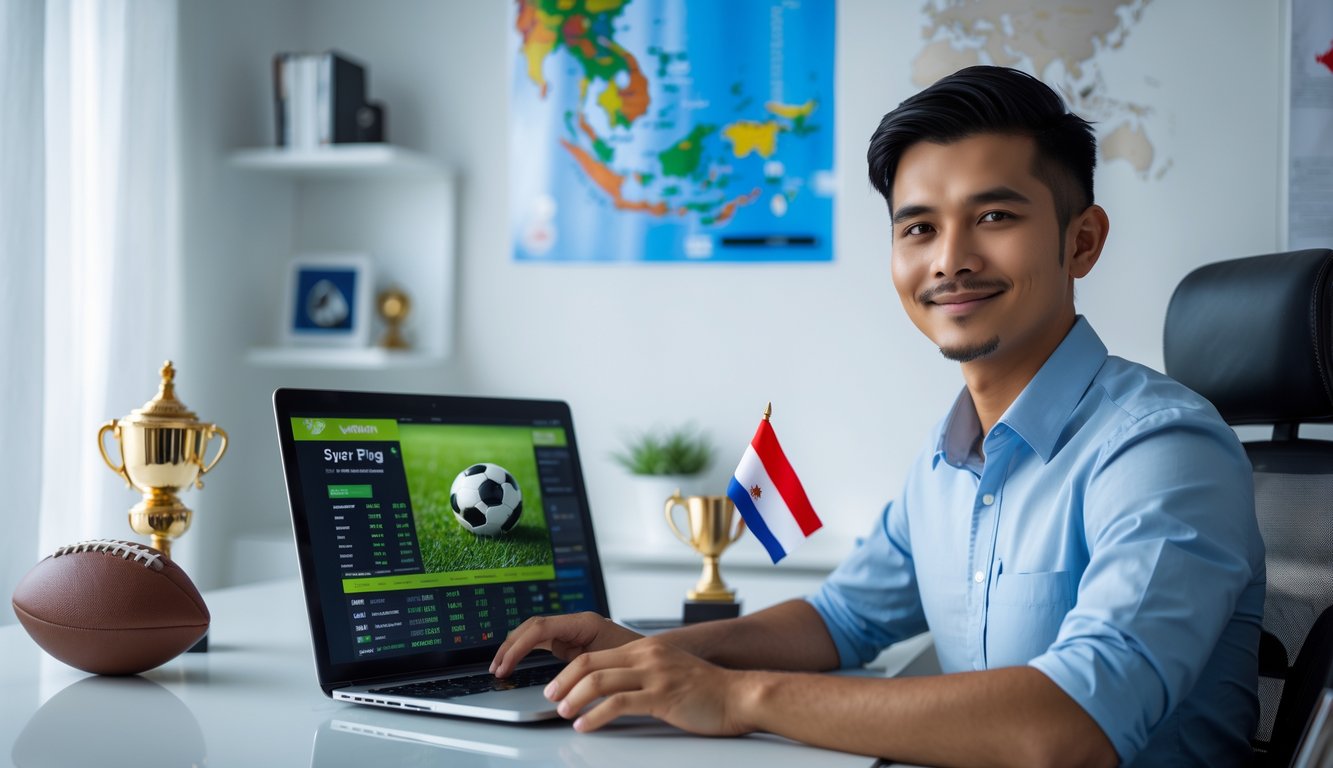 Seorang pria muda duduk di meja dengan laptop yang menampilkan situs judi bola, di ruangan dengan bendera dan peta Indonesia.