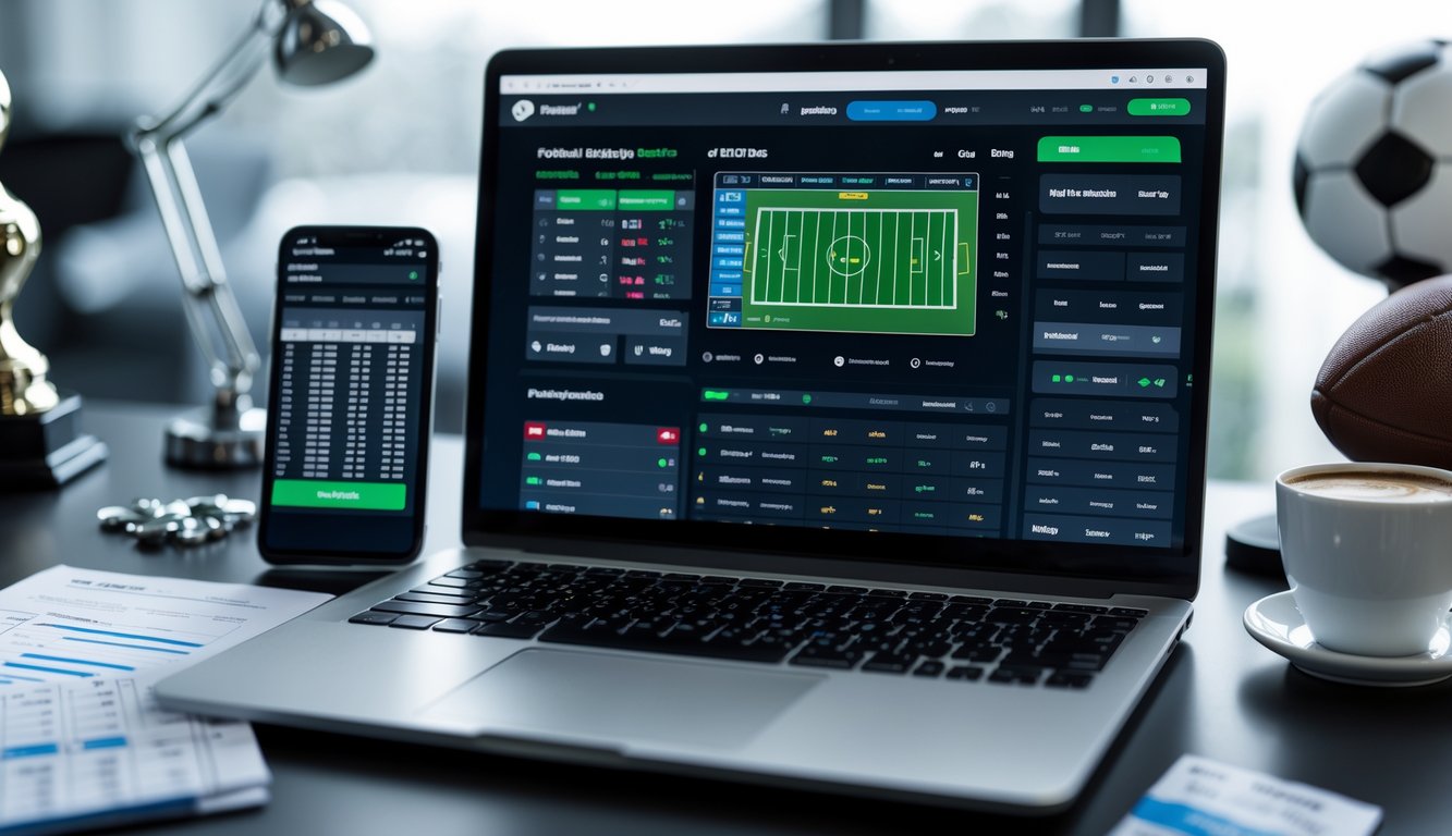 Seorang pria duduk di depan laptop dengan layar menampilkan skor pertandingan sepak bola dan peluang taruhan, di meja terdapat ponsel yang menayangkan pertandingan sepak bola langsung serta catatan statistik dan prediksi.