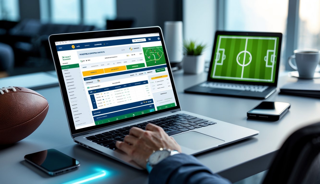 Seorang pria menggunakan laptop dan ponsel di meja dengan bola sepak di sampingnya, menunjukkan suasana taruhan bola online yang aman dan resmi.