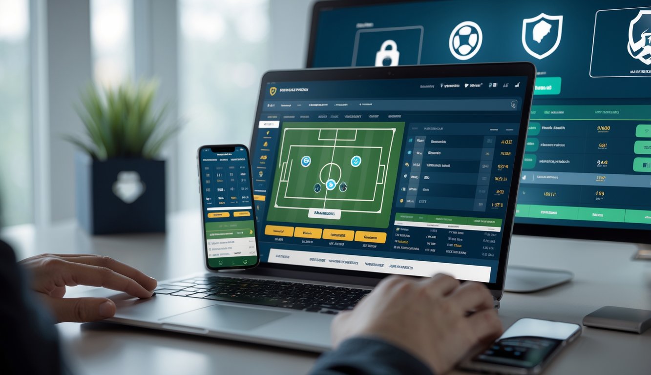 Seorang pria menggunakan laptop dan ponsel untuk memasang taruhan bola online di ruang kerja yang rapi dan terang.