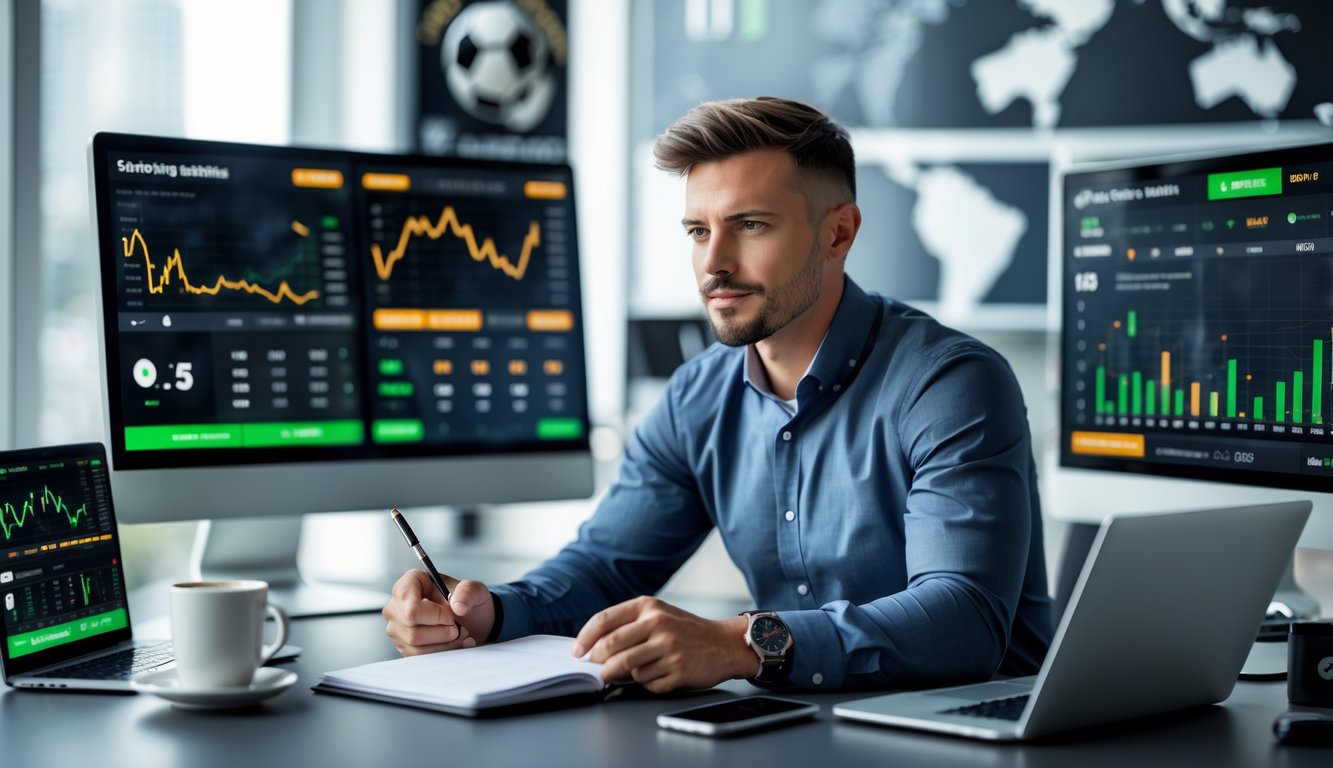 Seorang pria duduk di meja dengan beberapa layar komputer yang menampilkan statistik pertandingan sepak bola dan peluang taruhan, sedang menganalisis data dengan serius.
