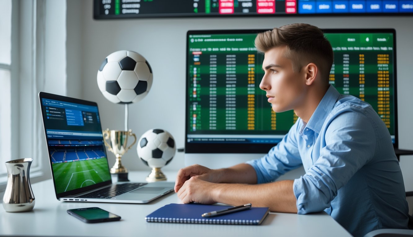 Seorang pria muda fokus duduk di depan komputer dengan data pertandingan sepak bola, dikelilingi perlengkapan sepak bola di meja.