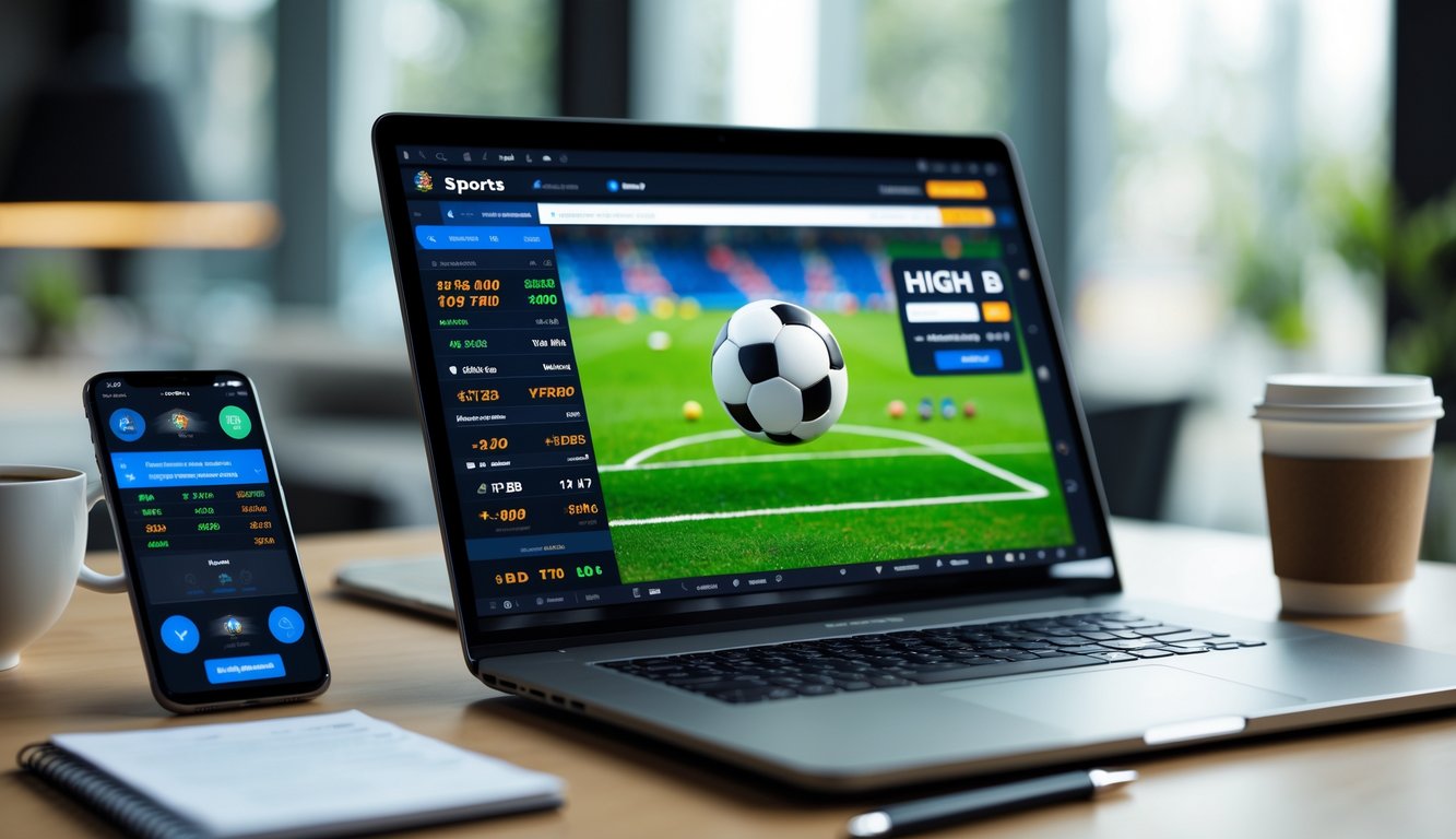 Seorang pria menggunakan laptop dengan layar menampilkan taruhan sepak bola online dan statistik pertandingan.