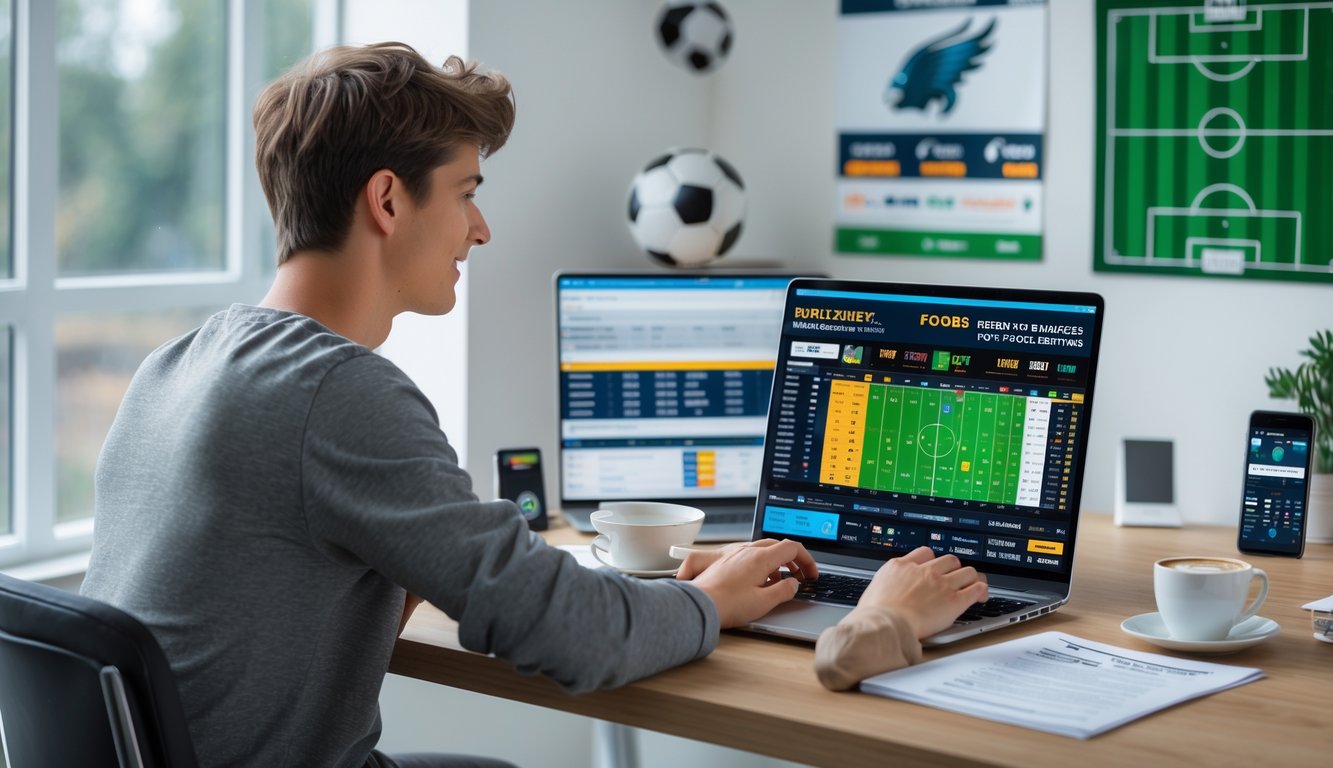 Seorang pemula sedang belajar membaca pasar judi bola online di depan laptop dengan grafik dan statistik pertandingan sepak bola.