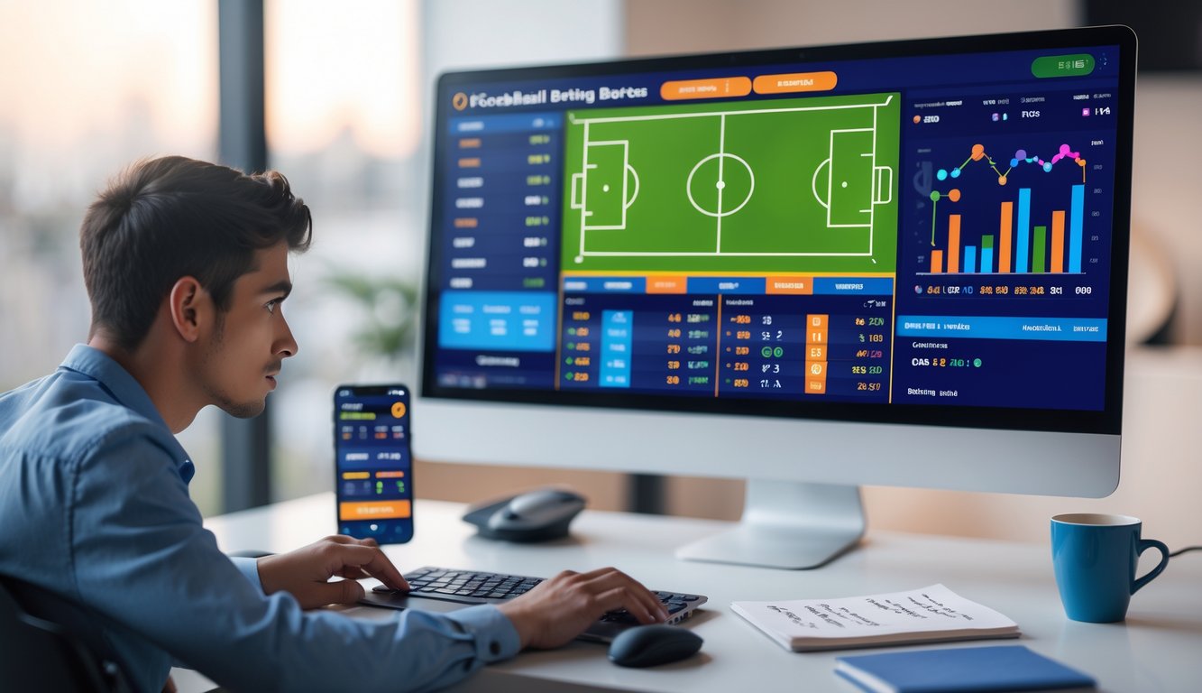 Seseorang sedang menggunakan komputer dengan tampilan data taruhan bola online di layar di sebuah meja kerja.