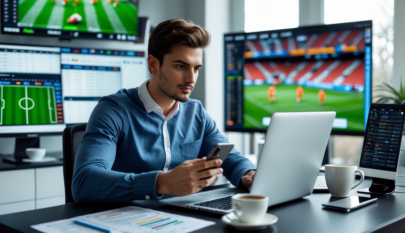 Seorang pria muda duduk di meja dengan beberapa perangkat digital menampilkan pertandingan sepak bola dan peluang taruhan, terlihat fokus dan serius dalam menganalisis data.
