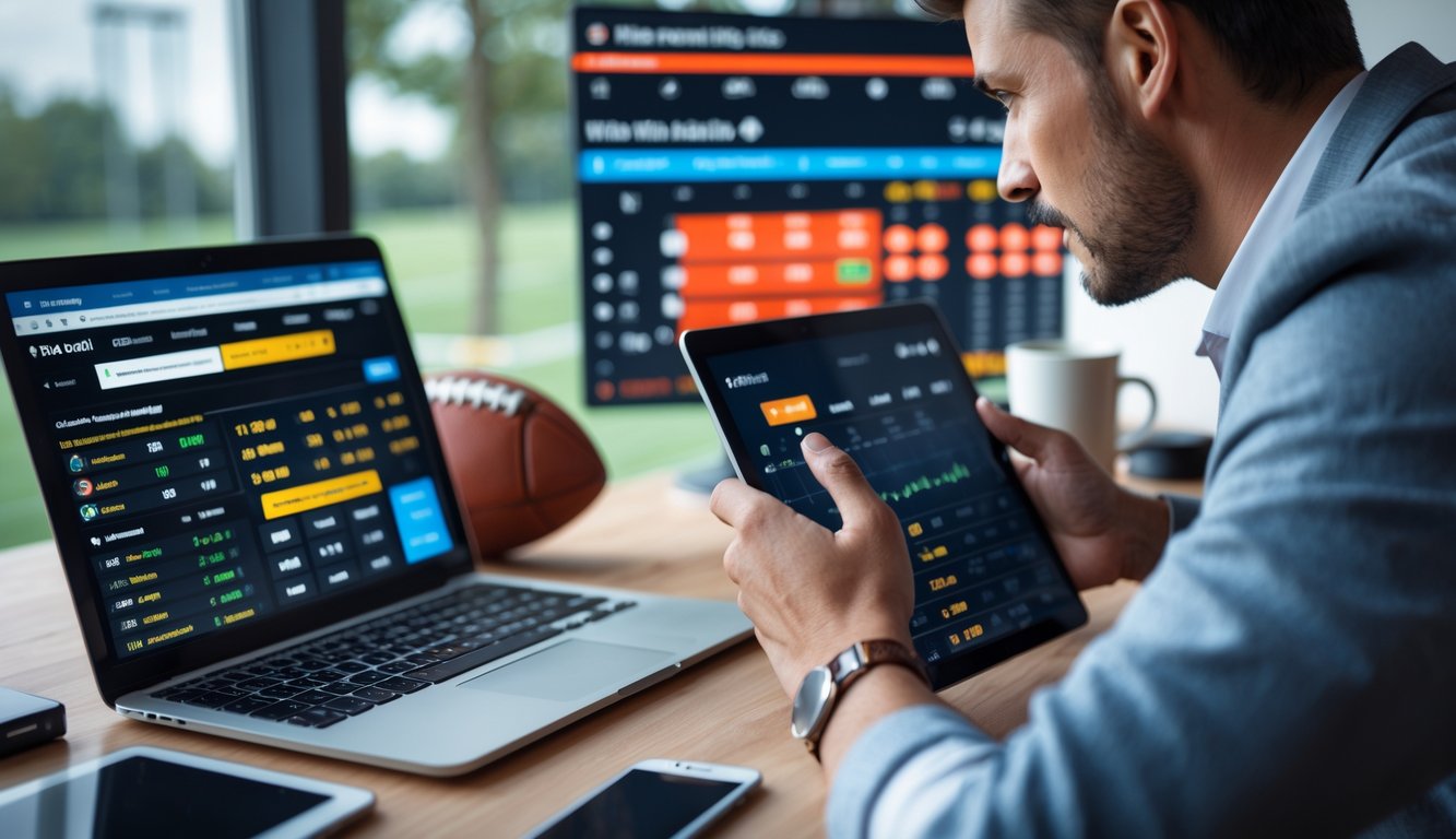 Seorang pria duduk di depan laptop dan tablet dengan tampilan situs taruhan sepak bola online, dikelilingi bola sepak, papan skor, dan grafik taruhan.