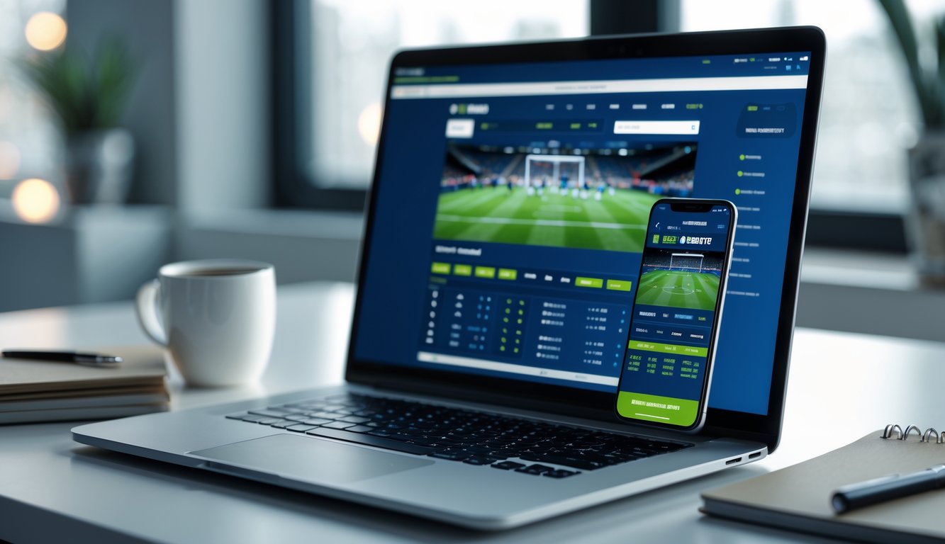 Meja kerja dengan laptop dan ponsel yang menampilkan antarmuka situs judi bola online, dengan latar belakang cahaya alami dan alat tulis di sekitar.