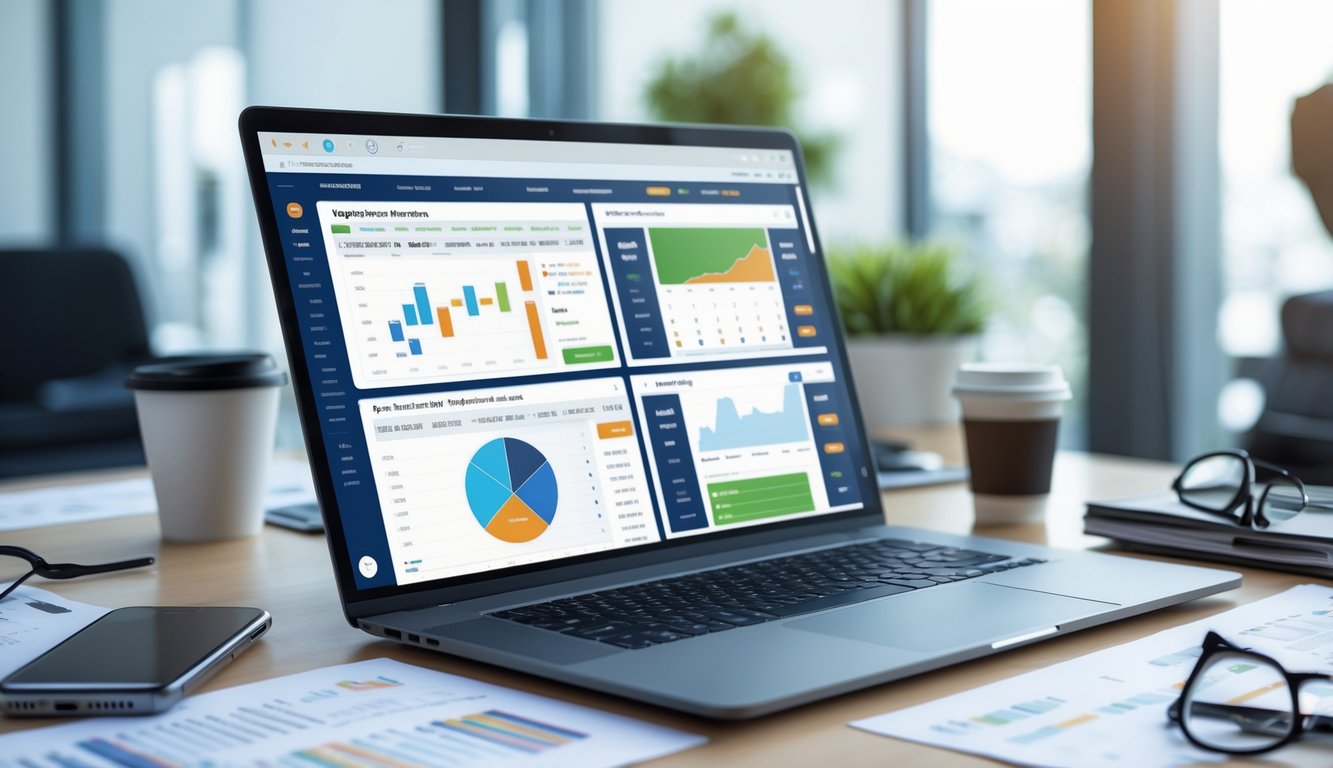Seorang profesional bekerja di depan laptop dengan layar menampilkan grafik dan tabel perbandingan situs judi bola online, di ruang kantor yang rapi dan terang.