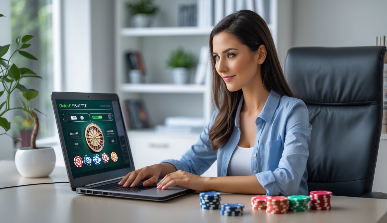 Seorang wanita muda duduk di meja dengan laptop, sedang melihat situs roulette online di ruang kerja yang rapi dan terang.