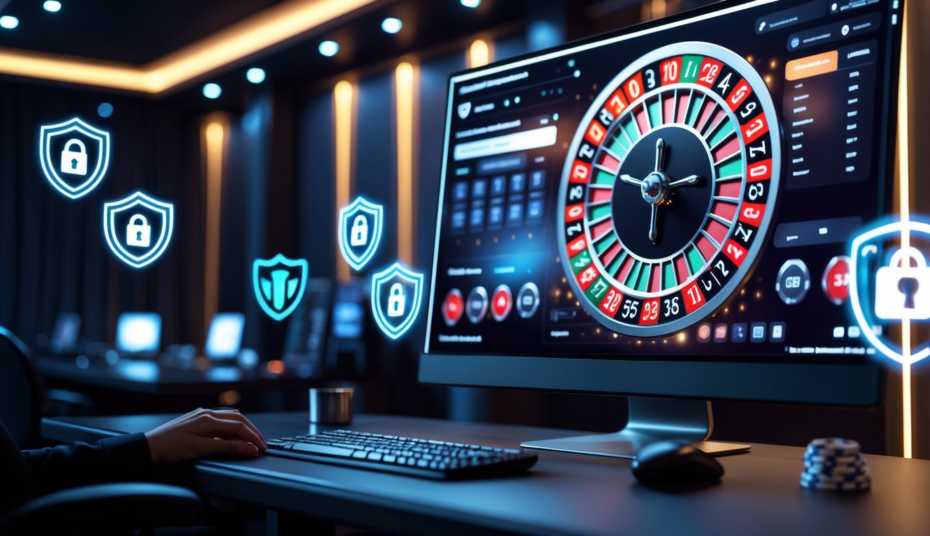 Sebuah setup permainan roulette online modern dengan roda roulette digital di layar komputer dan simbol keamanan digital di sekitarnya.