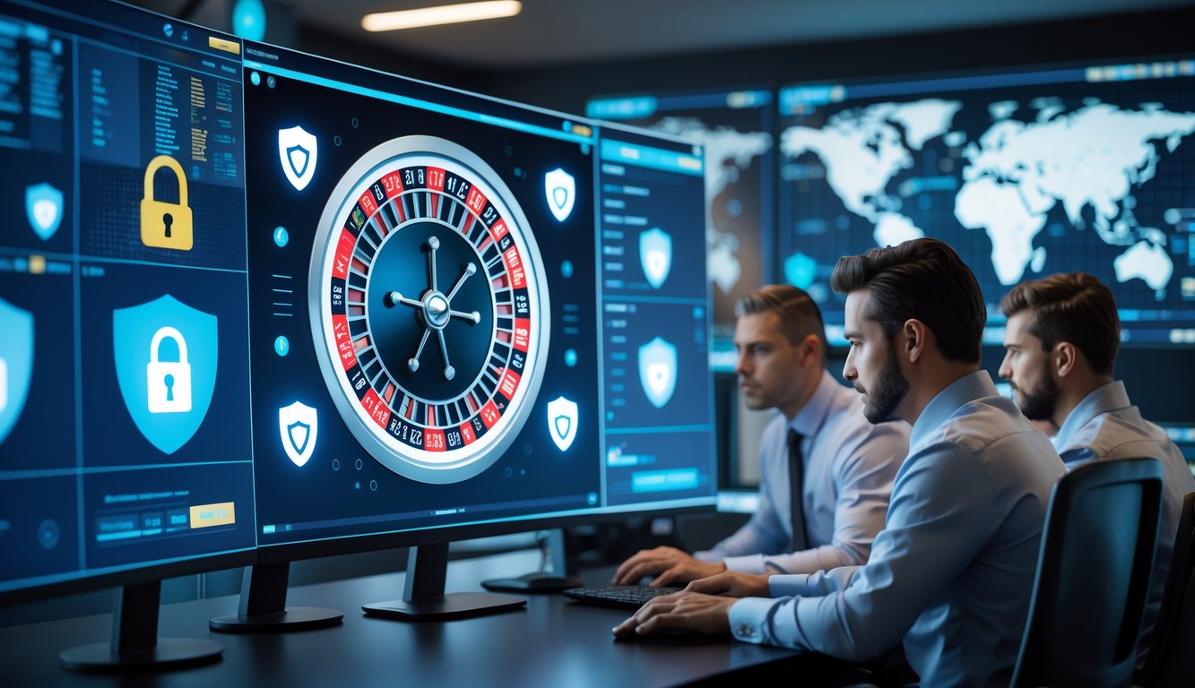 Sejumlah profesional memantau sistem keamanan digital untuk platform roulette online di ruang kontrol modern dengan layar komputer dan simbol keamanan.