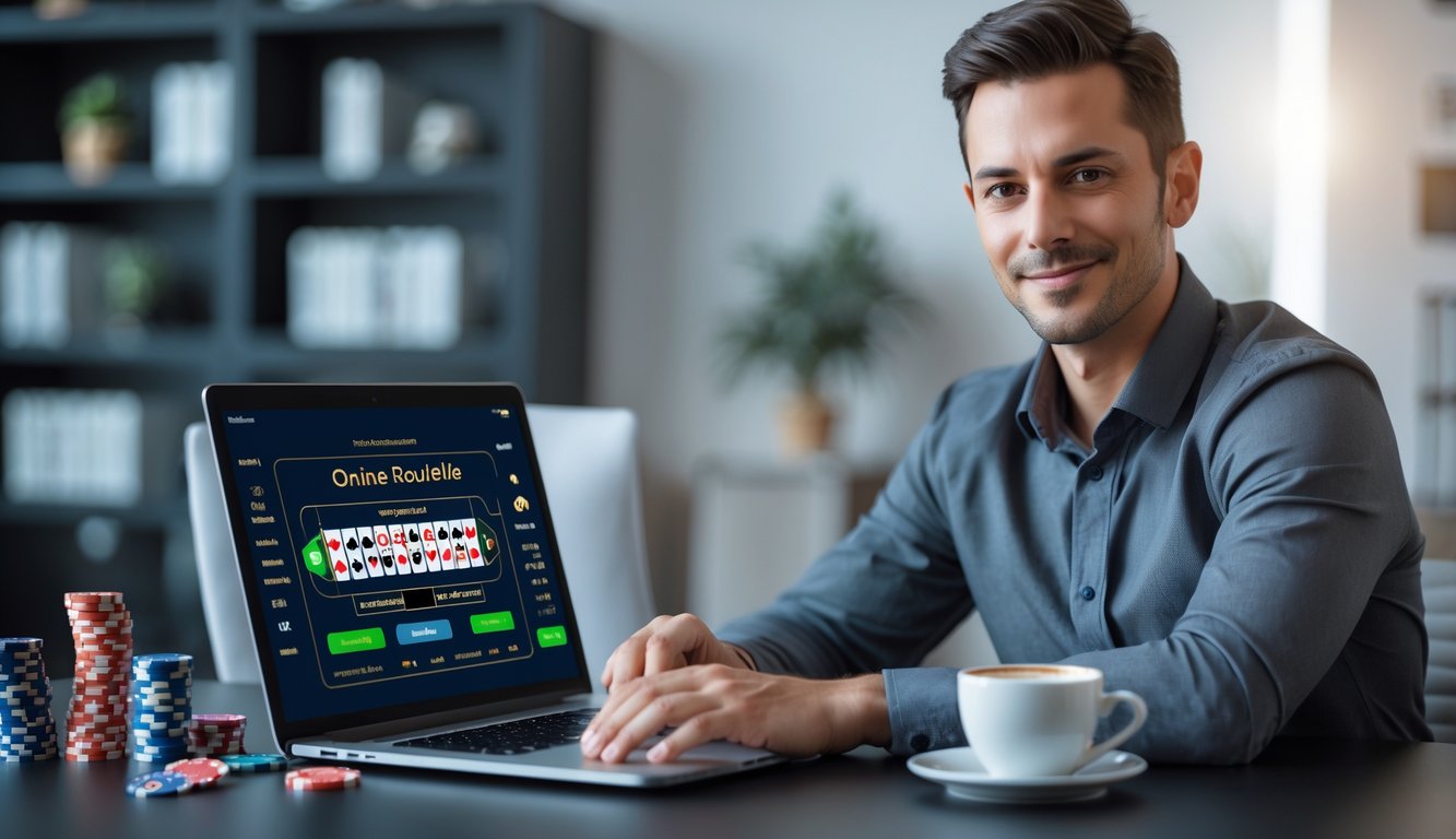 Seorang pria duduk di depan laptop dengan permainan roulette online di layar, di ruang kerja rumah yang rapi dan terang.