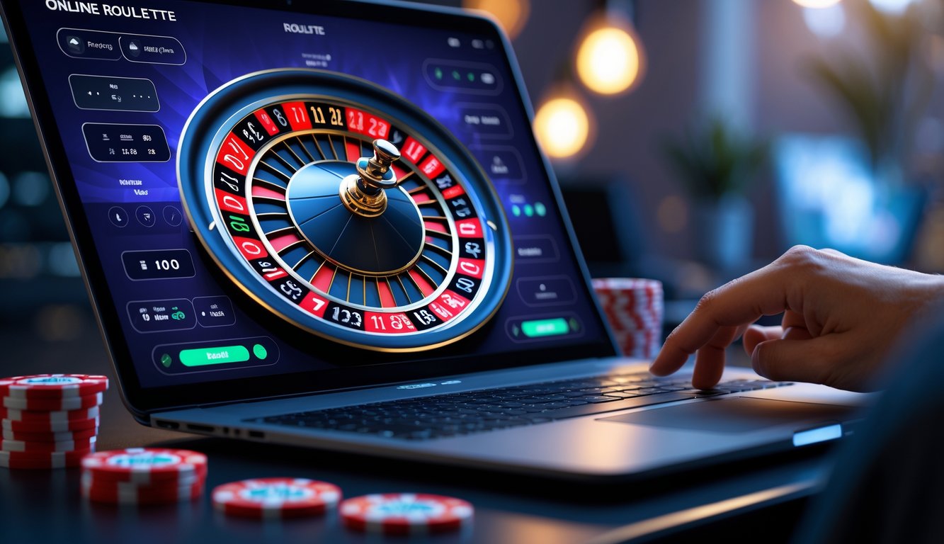 Seseorang sedang bermain roulette online menggunakan komputer dengan tampilan roda roulette dan chip digital.