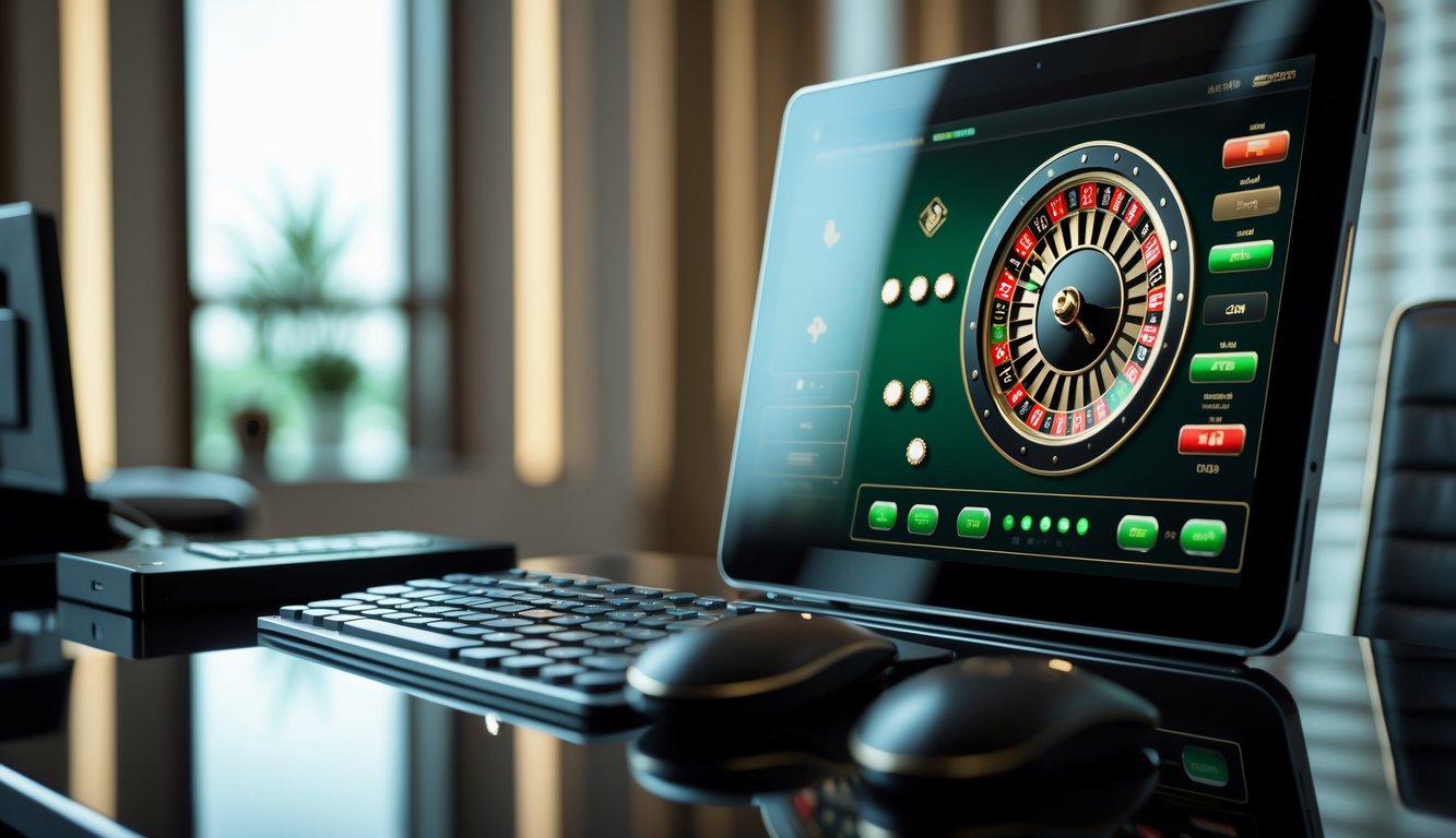 Sebuah meja dengan layar komputer menampilkan permainan roulette online dengan roda roulette digital yang berwarna merah, hitam, dan hijau.