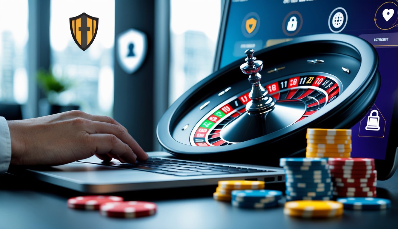 Tampilan layar komputer dengan roda roulette online yang berputar dan chip warna-warni, menggambarkan permainan roulette online yang aman dan terpercaya.