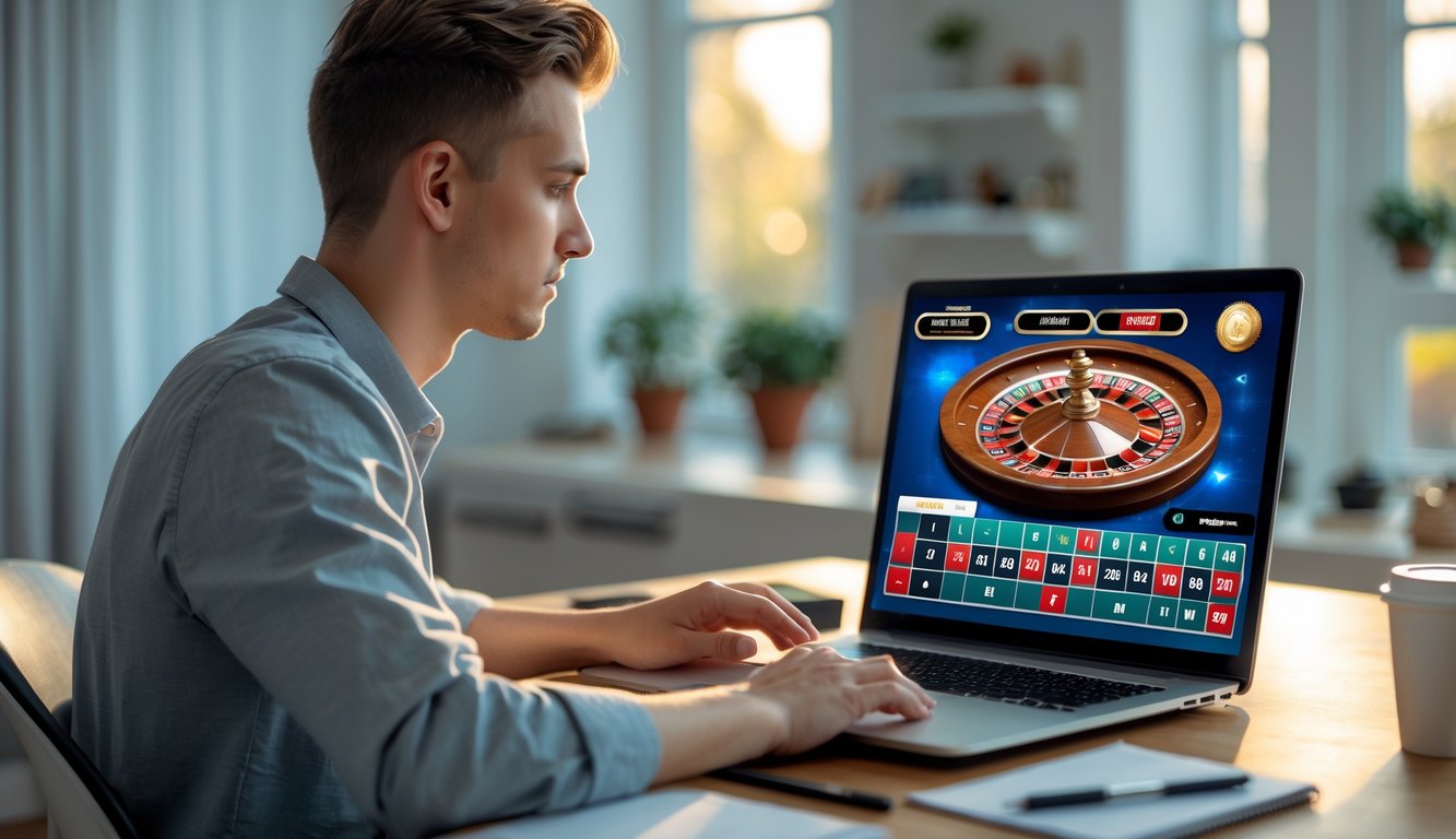 Seorang pria muda duduk di meja dengan laptop yang menampilkan permainan roulette online, suasana tenang dan fokus.