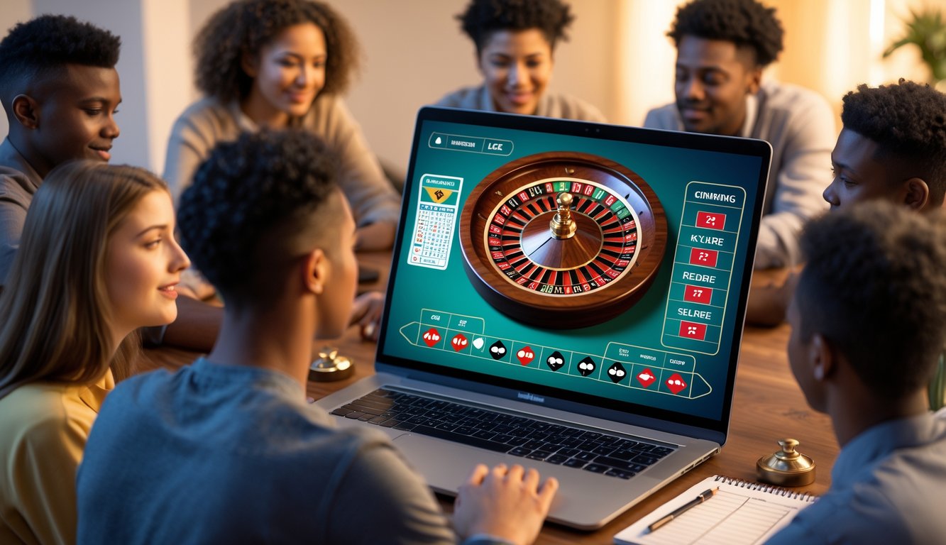 Beberapa orang muda sedang belajar bermain roulette online menggunakan komputer dengan tampilan roda roulette dan meja taruhan di layar.