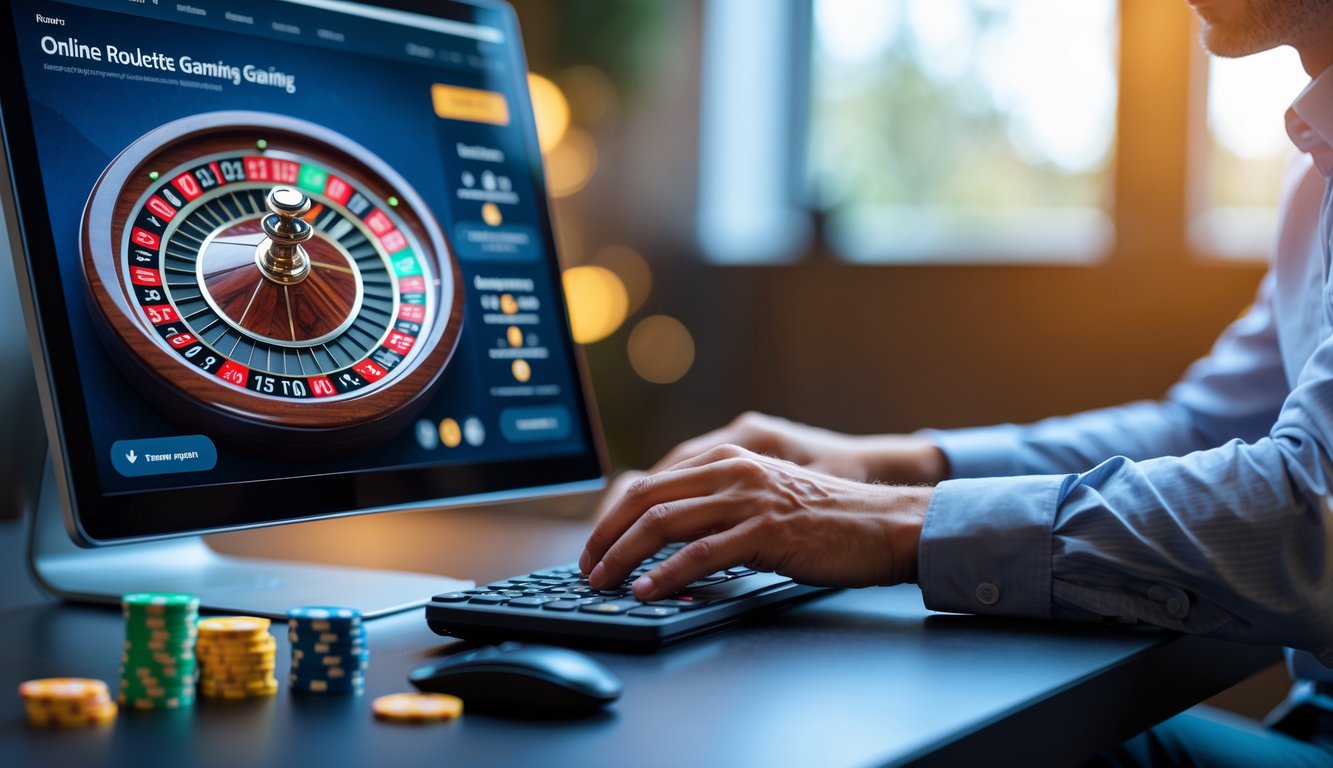 Seseorang sedang bermain roulette online dengan fokus di depan layar komputer, dikelilingi oleh chip warna-warni pada meja permainan.