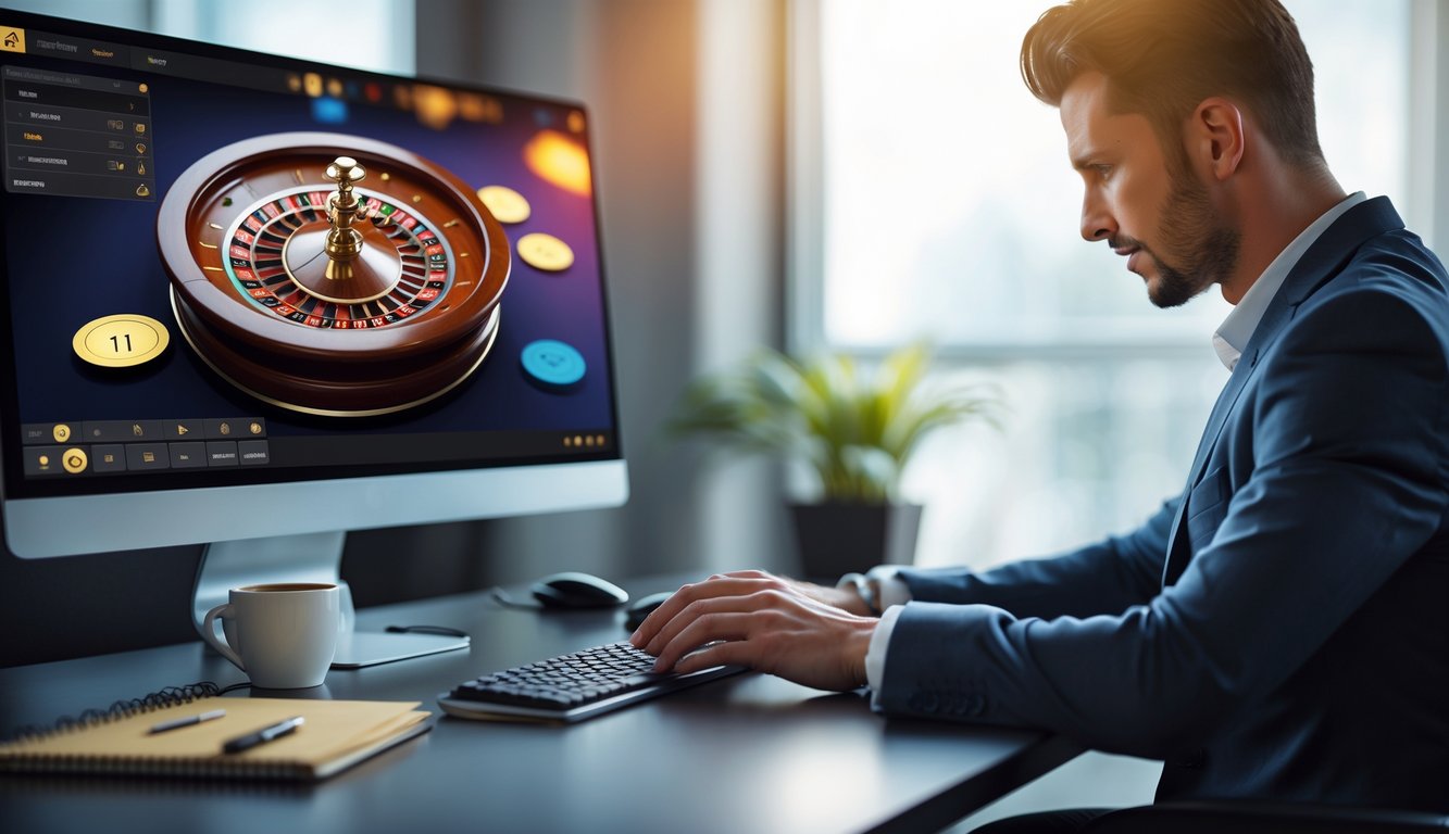 Seorang pria atau wanita duduk di depan komputer yang menampilkan permainan roulette online dengan suasana tenang dan fokus.